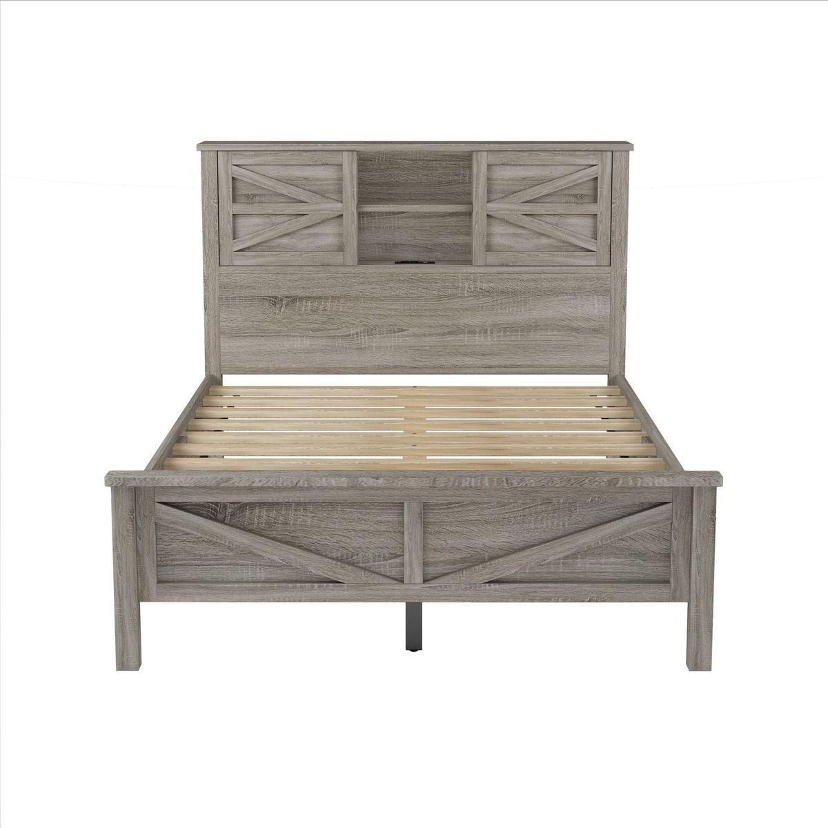 Farmhouse Platform Bed with Double Sliding Barn Door, Full Size Rustic Wood Bed with Charging Station, Wood Slats Support, Antique Gray