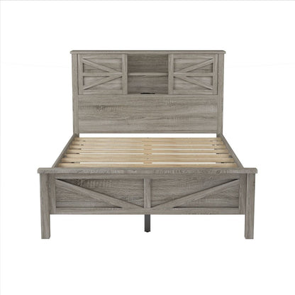 Farmhouse Platform Bed with Double Sliding Barn Door, Full Size Rustic Wood Bed with Charging Station, Wood Slats Support, Antique Gray