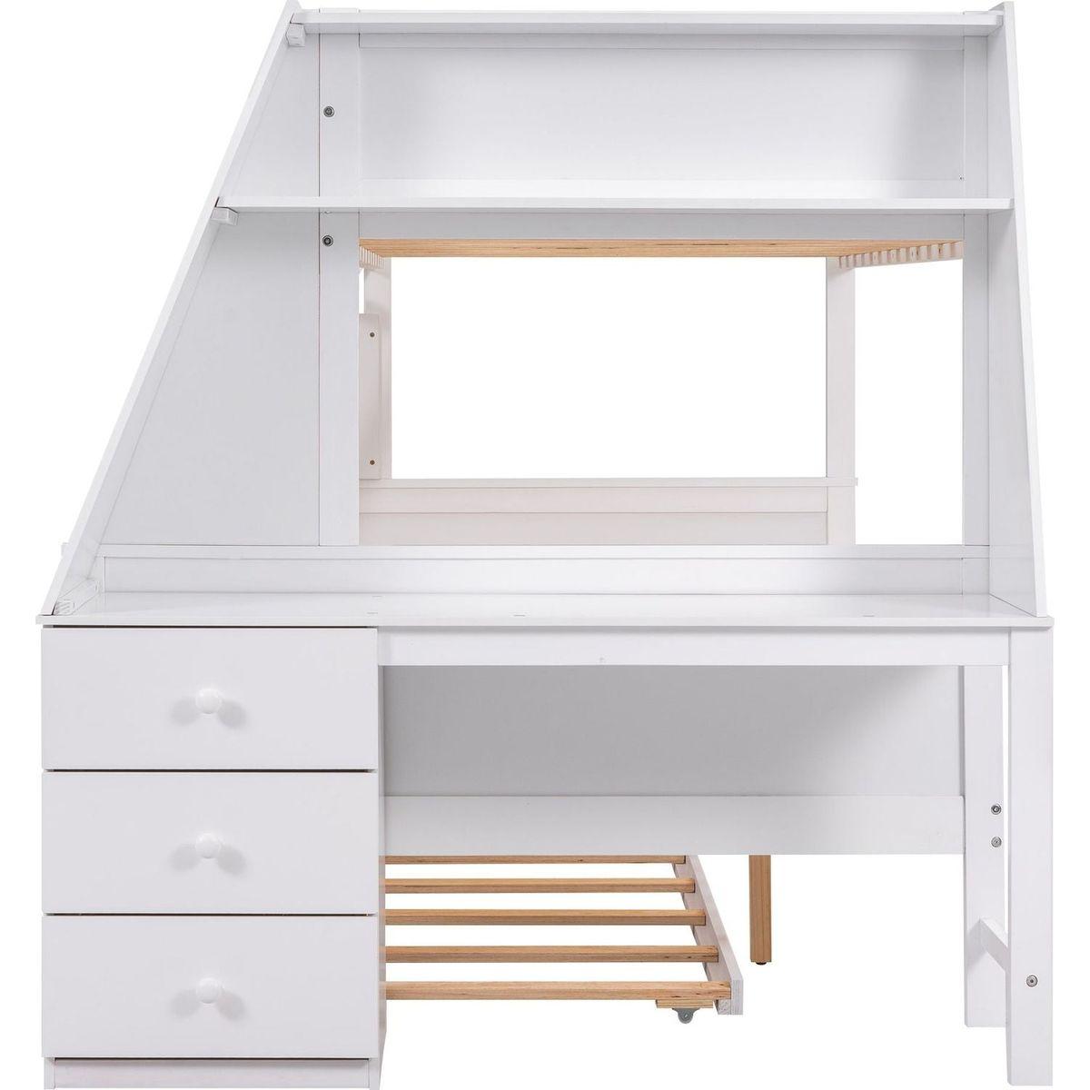 Twin over Full Bunk Bed with Trundle and Built-in Desk, Three Storage Drawers and Shelf,White