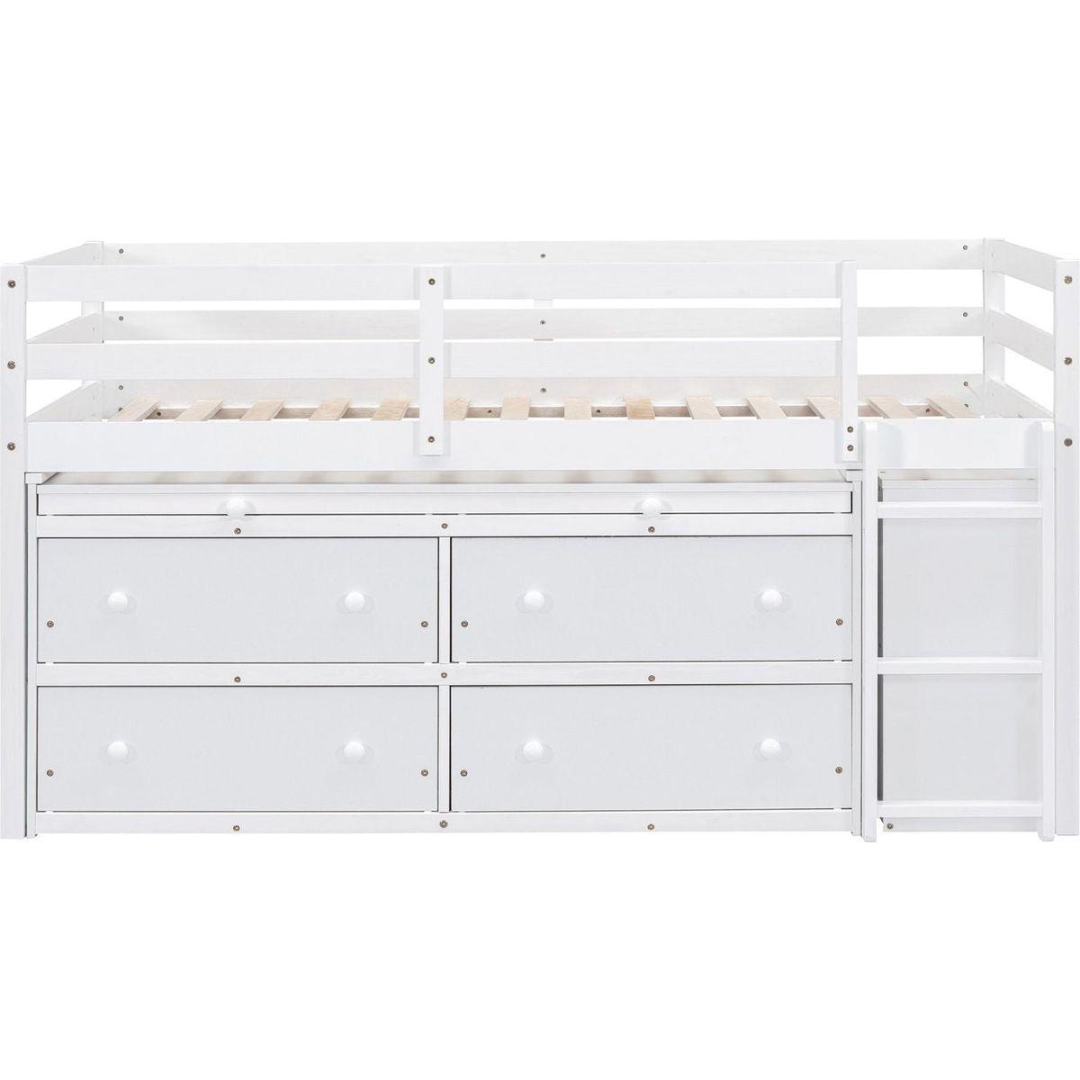 Twin Size Loft Bed with Retractable Writing Desk and 4 Drawers, Wooden Loft Bed with Lateral Portable Desk and Shelves, White