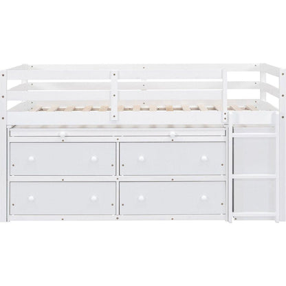 Twin Size Loft Bed with Retractable Writing Desk and 4 Drawers, Wooden Loft Bed with Lateral Portable Desk and Shelves, White