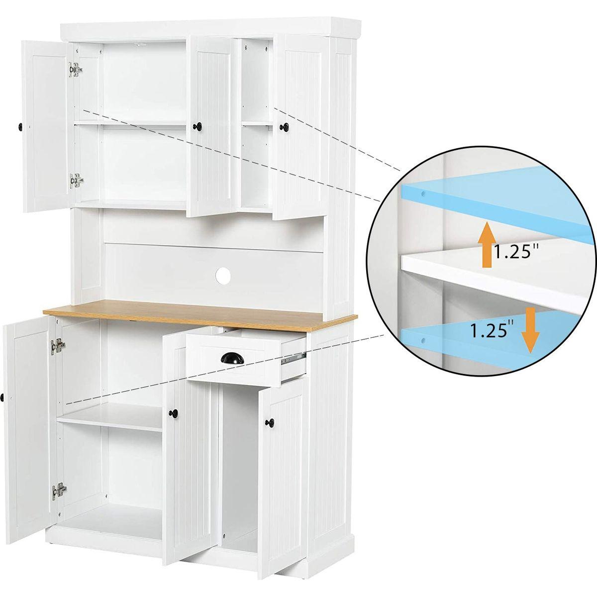 71" Kitchen Pantry Storage Cabinet with Microwave Oven Countertop, Freestanding Hutch Cabinet with Adjustable Shelves, 6 Doors and 1 Drawer-White