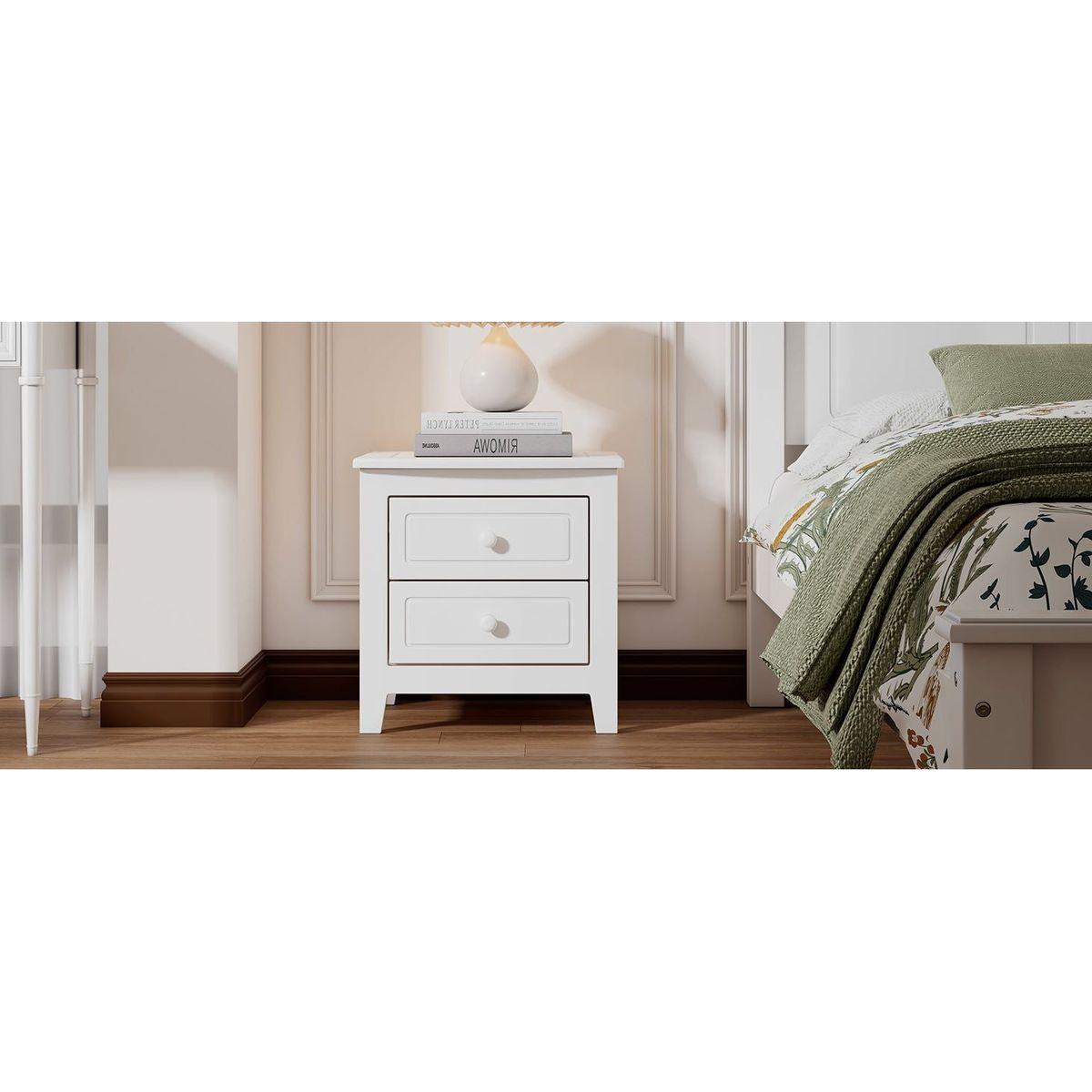 2-Drawer Nightstand for Bedroom, Mid Century Retro Bedside Table with Classic Design,White