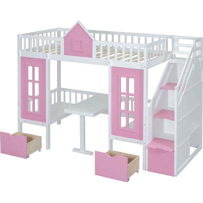 Twin-Over-Twin Bunk Bed with Changeable Table, Bunk Bed Turn into Upper Bed and Down Desk -Pink