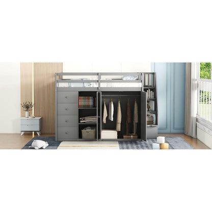 Full Size Wood Loft Bed With Built-in Wardrobes, Cabinets and Drawers, Gray