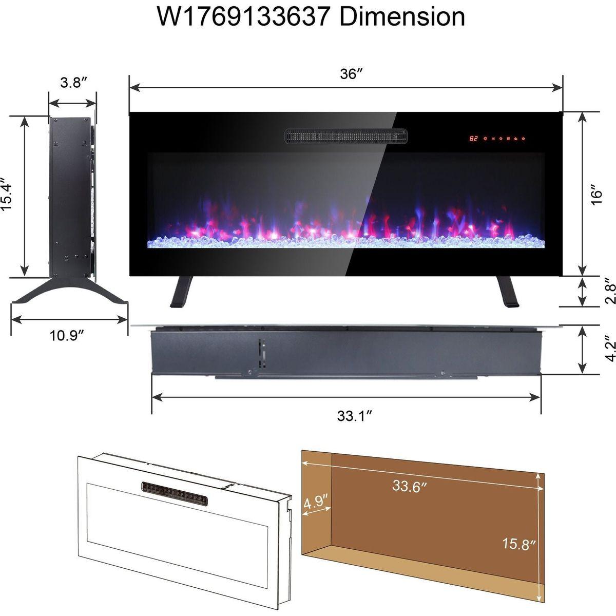 36 inch recessed ultra thin tempered glass front wall mounted electric fireplace with remote and multi color flame & emberbed, LED light heater