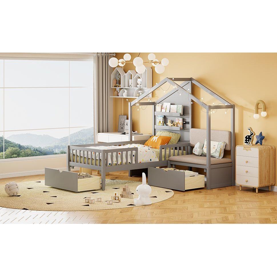 Twin Size House Bed with Upholstered Sofa, House Bed with Charging Station, Wireless Charging, Shelves and Two Drawers, Gray