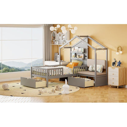 Twin Size House Bed with Upholstered Sofa, House Bed with Charging Station, Wireless Charging, Shelves and Two Drawers, Gray