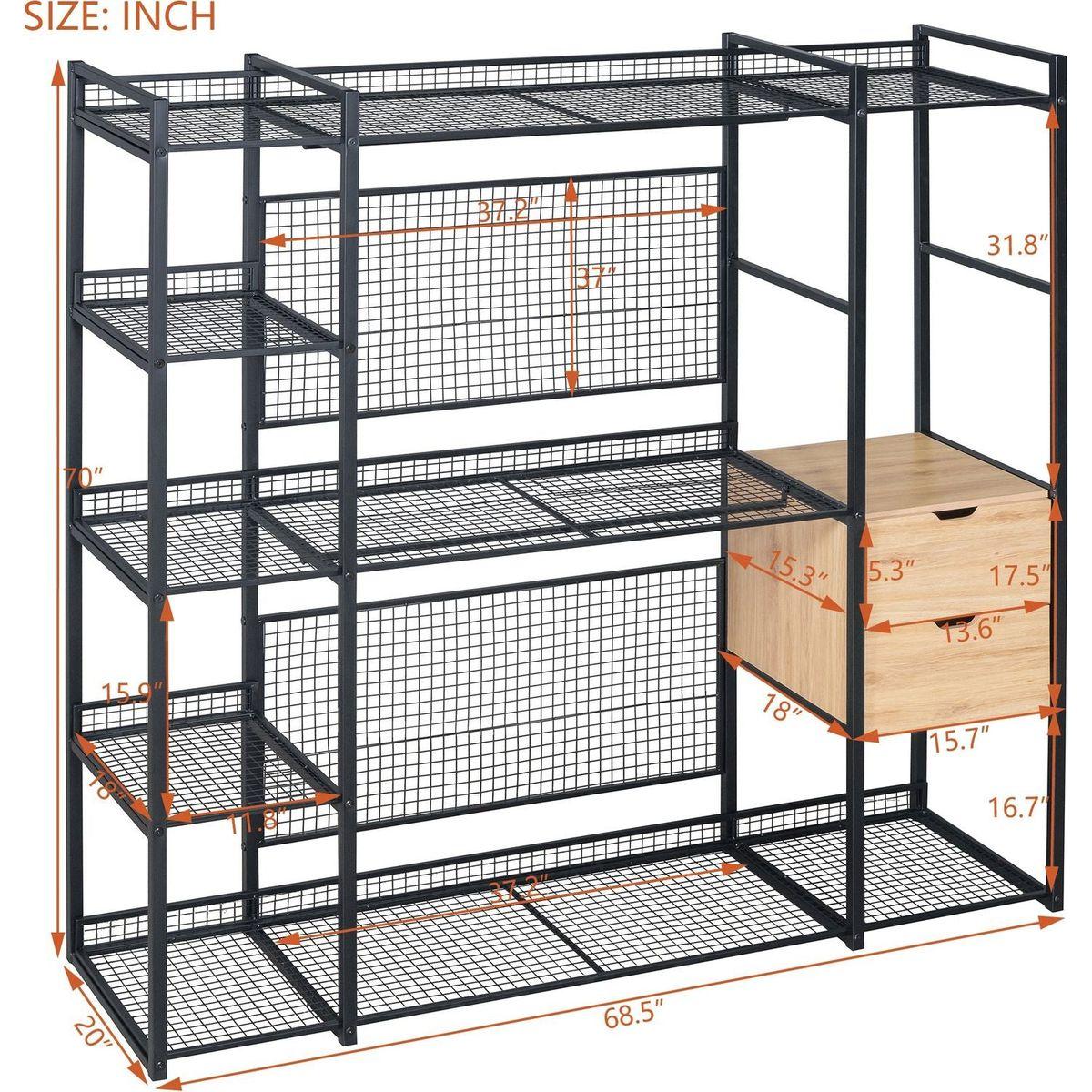 Open-Style Wardrobe with Hanging Rails, Shelves and Drawers, Black