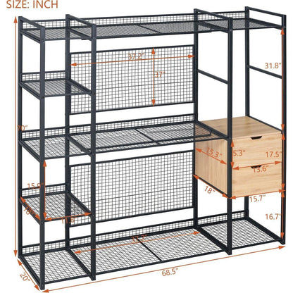 Open-Style Wardrobe with Hanging Rails, Shelves and Drawers, Black