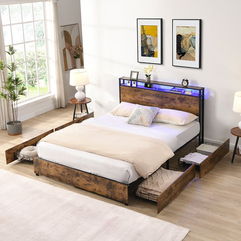 Full Bed Frame, Storage Headboard with Charging Station, Solid and Stable, Noise Free, No Box Spring Needed, Easy Assembly