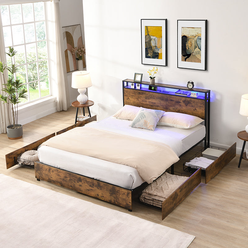 Queen Bed Frame, Storage Headboard with Charging Station, Solid and Stable, Noise Free, No Box Spring Needed, Easy Assembly