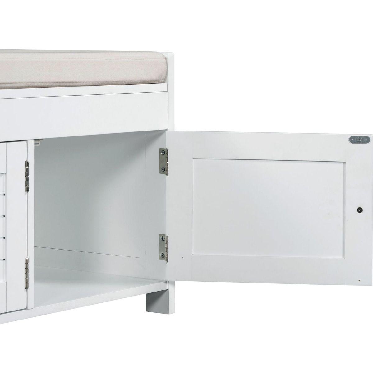 Storage Bench with 3 Shutter-shaped Doors, Shoe Bench with Removable Cushion and Hidden Storage Space (White