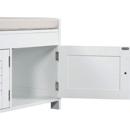 Storage Bench with 3 Shutter-shaped Doors, Shoe Bench with Removable Cushion and Hidden Storage Space (White