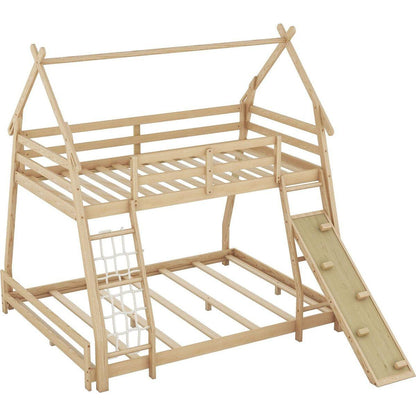 Twin over Queen House Bunk Bed with Climbing Nets and Climbing Ramp, Natural