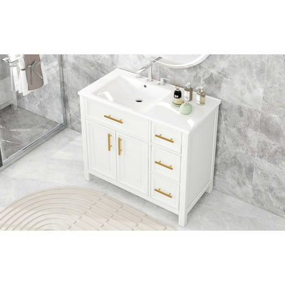 36" Bathroom Vanity with Sink Top, Bathroom Vanity Cabinet with Two Doors and Three Drawers, Solid Wood, MDF Boards, One Package, Off White