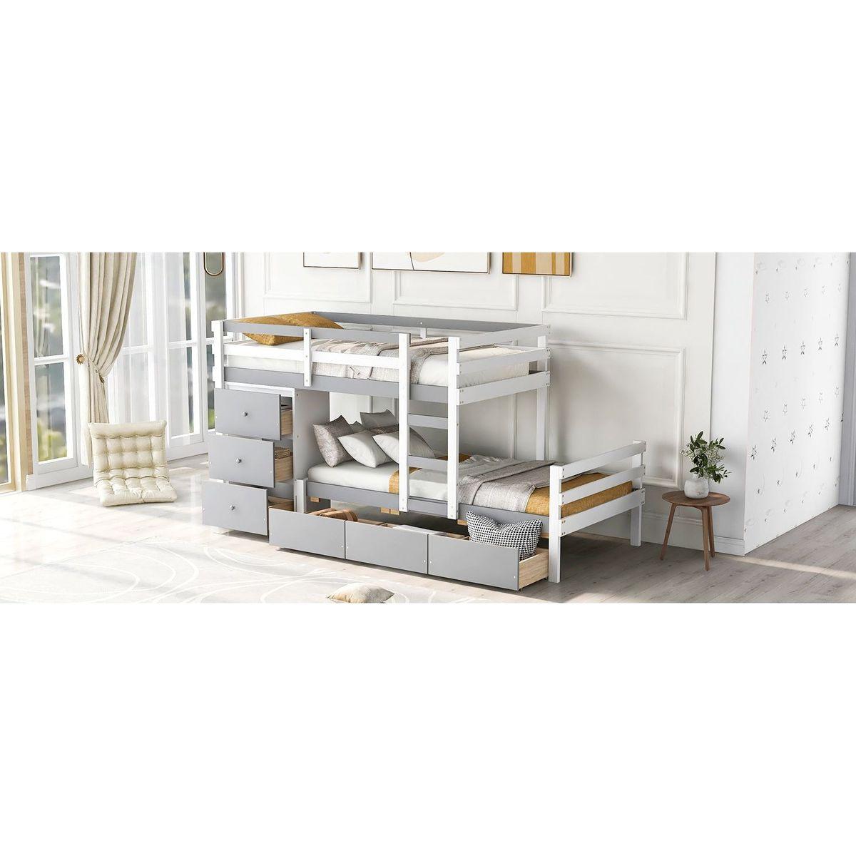 Twin over Twin Loft Bunk Bed with Drawers and Ladder, Gray