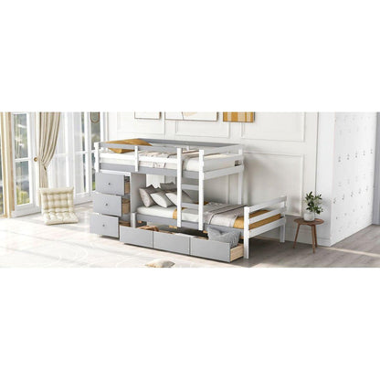 Twin over Twin Loft Bunk Bed with Drawers and Ladder, Gray