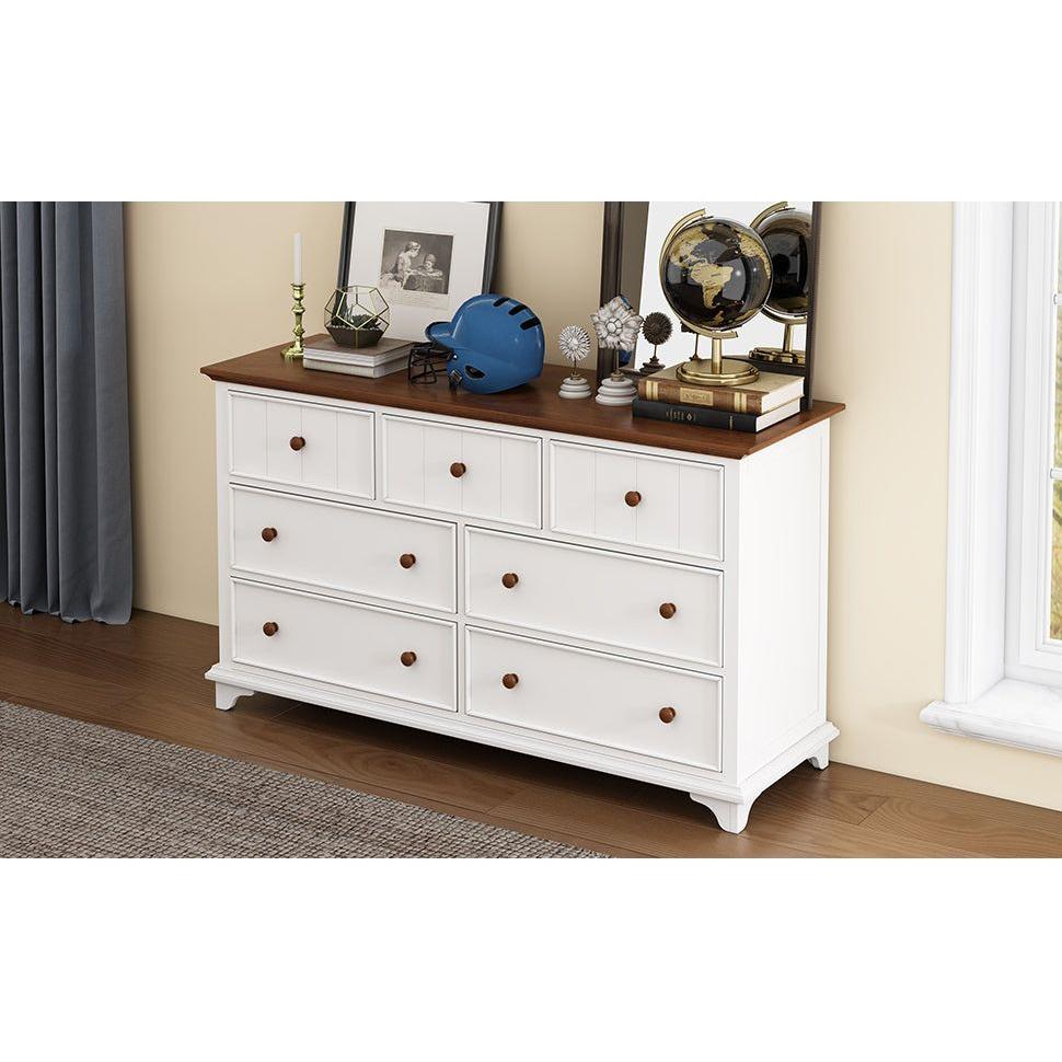 3 Pieces Wooden Captain Bedroom Set Full Bed with Trundle, Nightstand and Dresser, White + Walnut