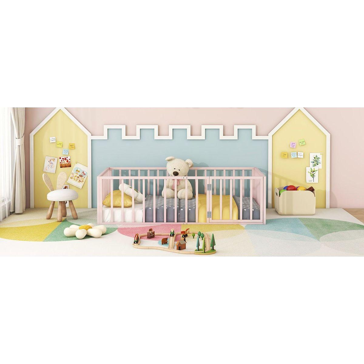 Twin Size Metal Floor Bed Frame with Fence and Door, Pink