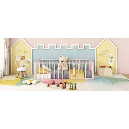 Twin Size Metal Floor Bed Frame with Fence and Door, Pink