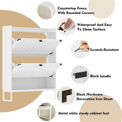 Shoe Cabinet with 2 Flip Drawers,Shoe Storage Cabinet for Entryway,Freestanding Shoe Cabinet Organizer with Open Storage,Narrow Farmhouse Shoe Rack with Metal Corner Decoration Legs,White