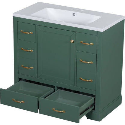 36" Bathroom Vanity with Sink Combo, Six Drawers, Multi-Functional Drawer Divider, Adjustable Shelf, Green