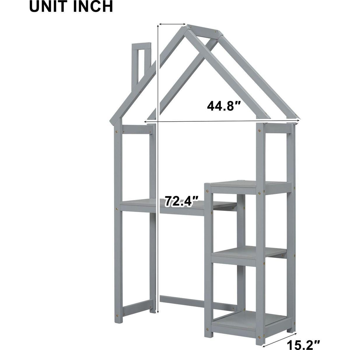 House-shaped Wooden writing Desk,Kids study Table,Bookshelf & Toy Storage,Grey