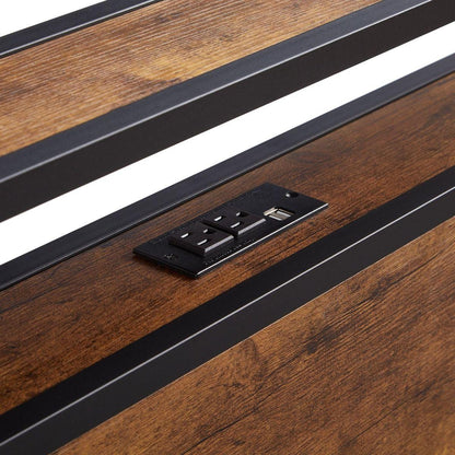 Twin Size Metal Platform Bed Frame with Wooden Headboard and Footboard with USB LINER, LED Lights, No Box Spring Needed, Large Under Bed Storage, Easy Assemble