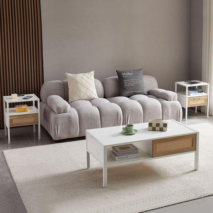 Set of 2, 15.75" Rattan End table with Power Outlet & USB Ports, Modern nightstand with drawer and metal legs, side table for living room, bedroom,white