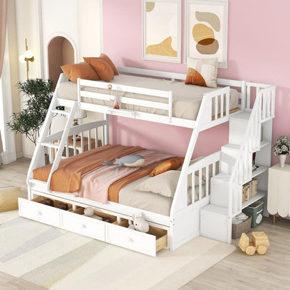 Twin-Over-Full Bunk Bed with Drawers氓Ladder and Storage Staircase, White