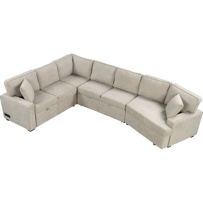 126" L-shaped Sofa Sectional Sofa Couch Pull-out Sofa Bed with Charging Devices and Cup Holders for Living Room, Beige
