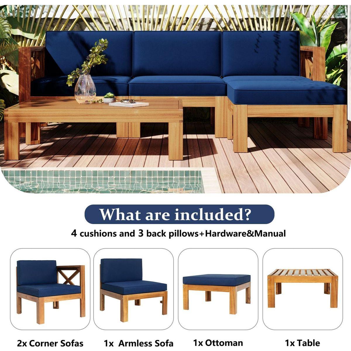 Outdoor Backyard Patio Wood 5-Piece Sectional Sofa Seating Group Set with Cushions, Natural Finish+ Blue Cushions