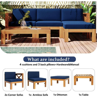 Outdoor Backyard Patio Wood 5-Piece Sectional Sofa Seating Group Set with Cushions, Natural Finish+ Blue Cushions