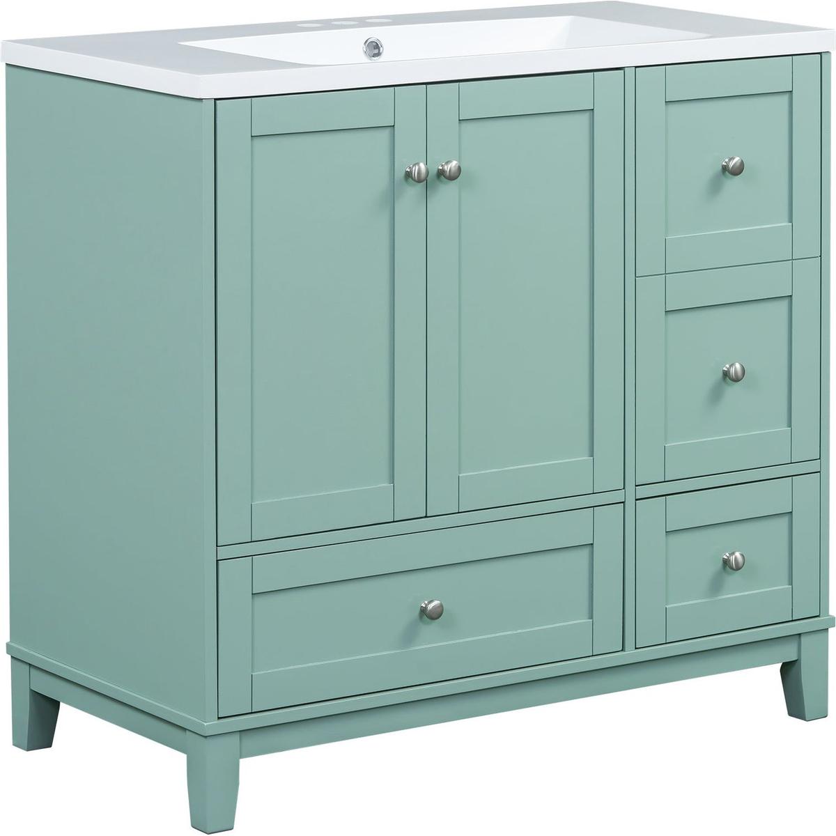 36 Inch Modern Bathroom Vanity with USB Charging, Two Doors and Three Drawers Bathroom Storage Vanity Cabinet, Small Bathroom Vanity cabinet with single sink, Green - Faucets Not Included