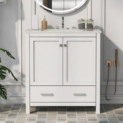 30" White Bathroom Vanity with Single Sink, Combo Cabinet Undermount Sink, Bathroom Storage Cabinet with 2 Doors and a Drawer, Soft Closing, Multifunctional Storage, Solid Wood Frame