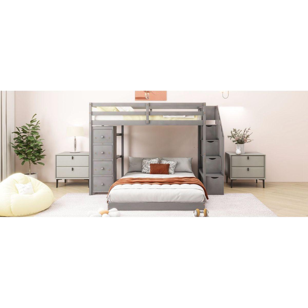 Twin Over Full Bunk Bed with 3-layer Shelves, Drawers and Storage Stairs, Gray