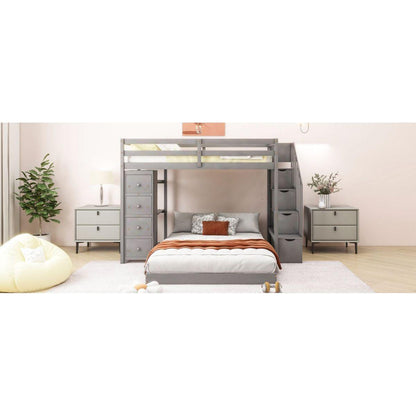Twin Over Full Bunk Bed with 3-layer Shelves, Drawers and Storage Stairs, Gray