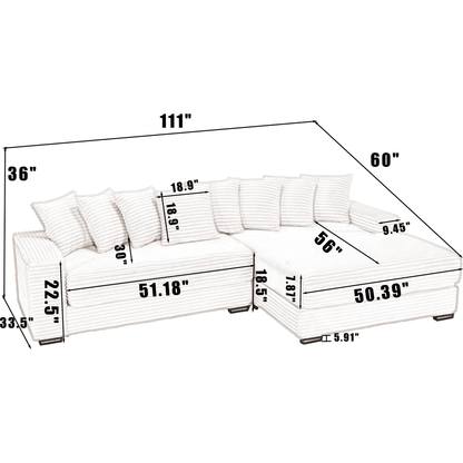 Oversized Two-Piece Couches, L Shaped Sofa, Corduroy, Right Chaise Daybed,with Armrests,Eight Throw Pillows,Corner Sofa,Easy To Assemble, Beige