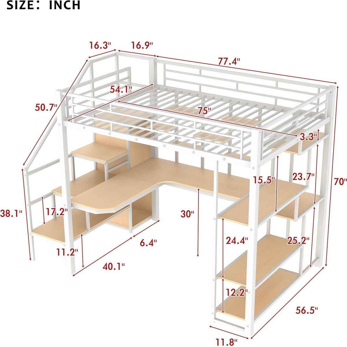 Full Size Metal Loft Bed with Storage Staircase and Small Wardrobe, Built-in Desk and Storage Shelves, White