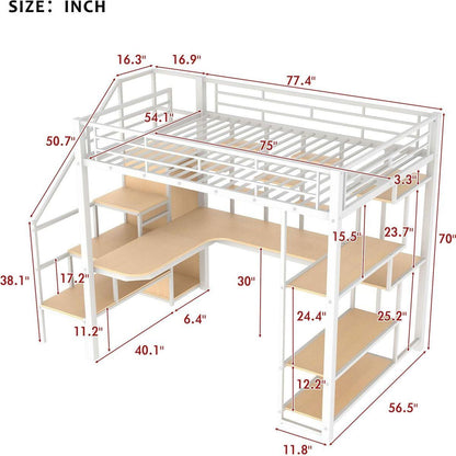 Full Size Metal Loft Bed with Storage Staircase and Small Wardrobe, Built-in Desk and Storage Shelves, White