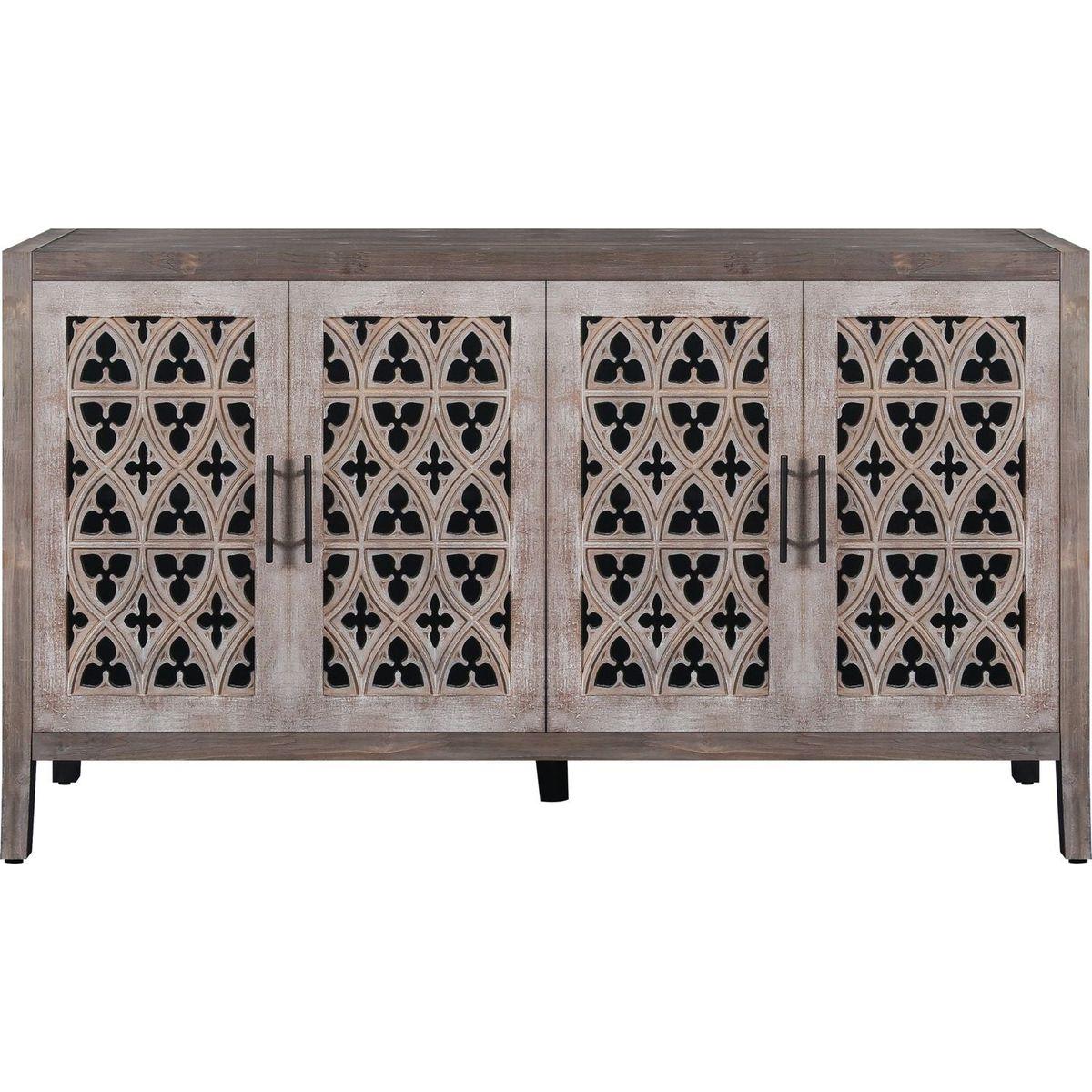 Hollow Four Door Antique Cabinet, American Country Style, Suitable for Living Room, TV Cabinet, Kitchen (Brown)