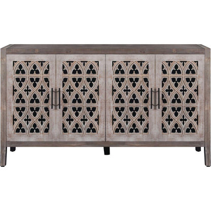 Hollow Four Door Antique Cabinet, American Country Style, Suitable for Living Room, TV Cabinet, Kitchen (Brown)
