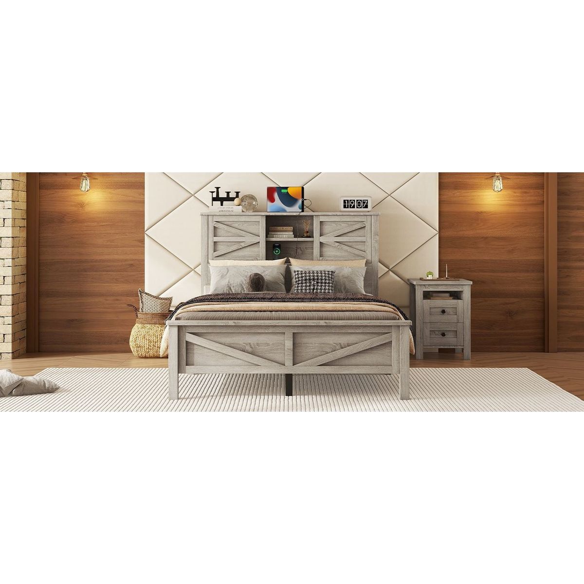 Farmhouse Platform Bed with Double Sliding Barn Door, Full Size Rustic Wood Bed with Charging Station, Wood Slats Support, Antique Gray