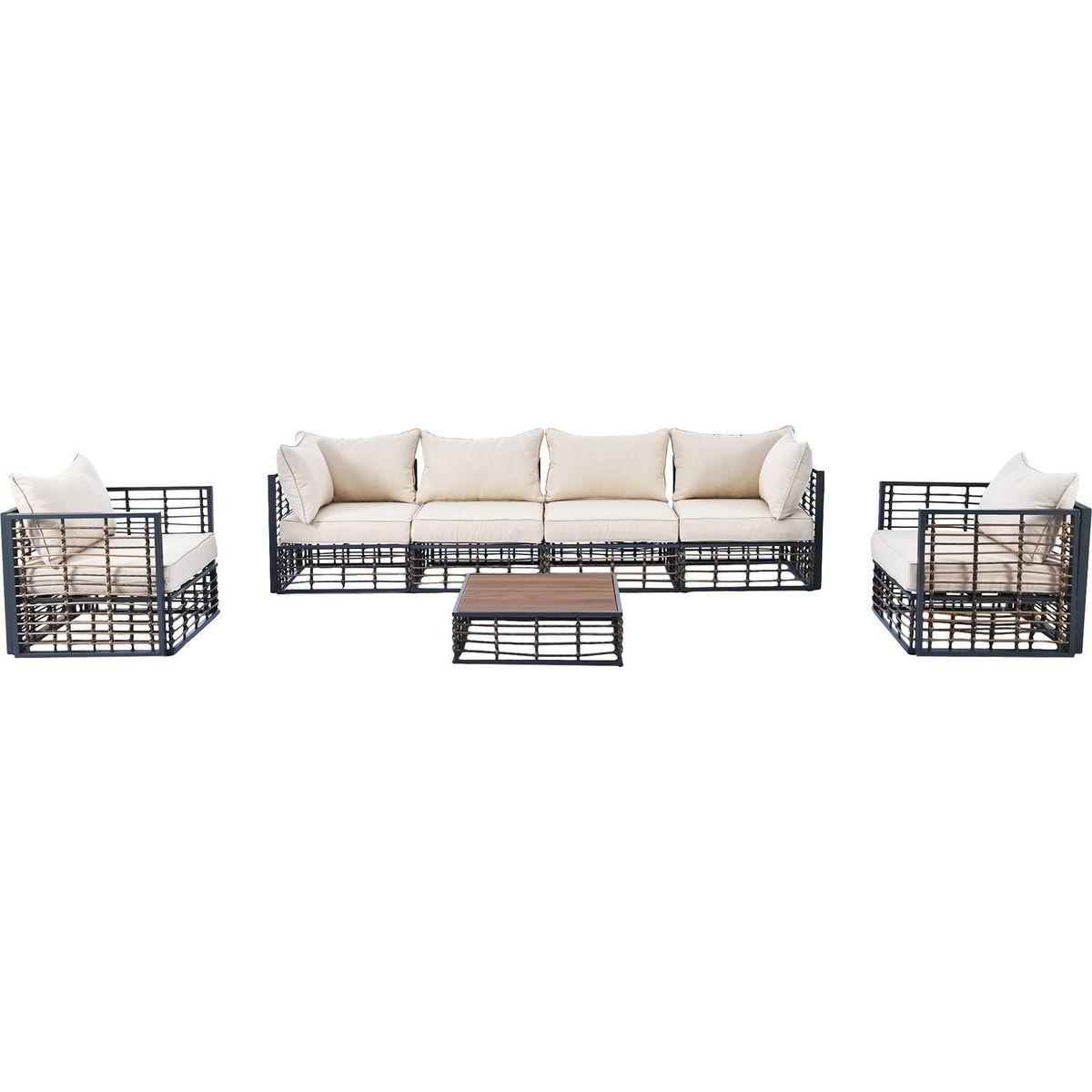 Modern Minimalist 7-Piece Metal Patio Sectional Sofa Set, All-Weather Garden Conversational Furniture Set with Thick Cushions and Coffee Table for Indoor Outdoor, Gray