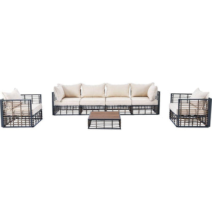 Modern Minimalist 7-Piece Metal Patio Sectional Sofa Set, All-Weather Garden Conversational Furniture Set with Thick Cushions and Coffee Table for Indoor Outdoor, Gray