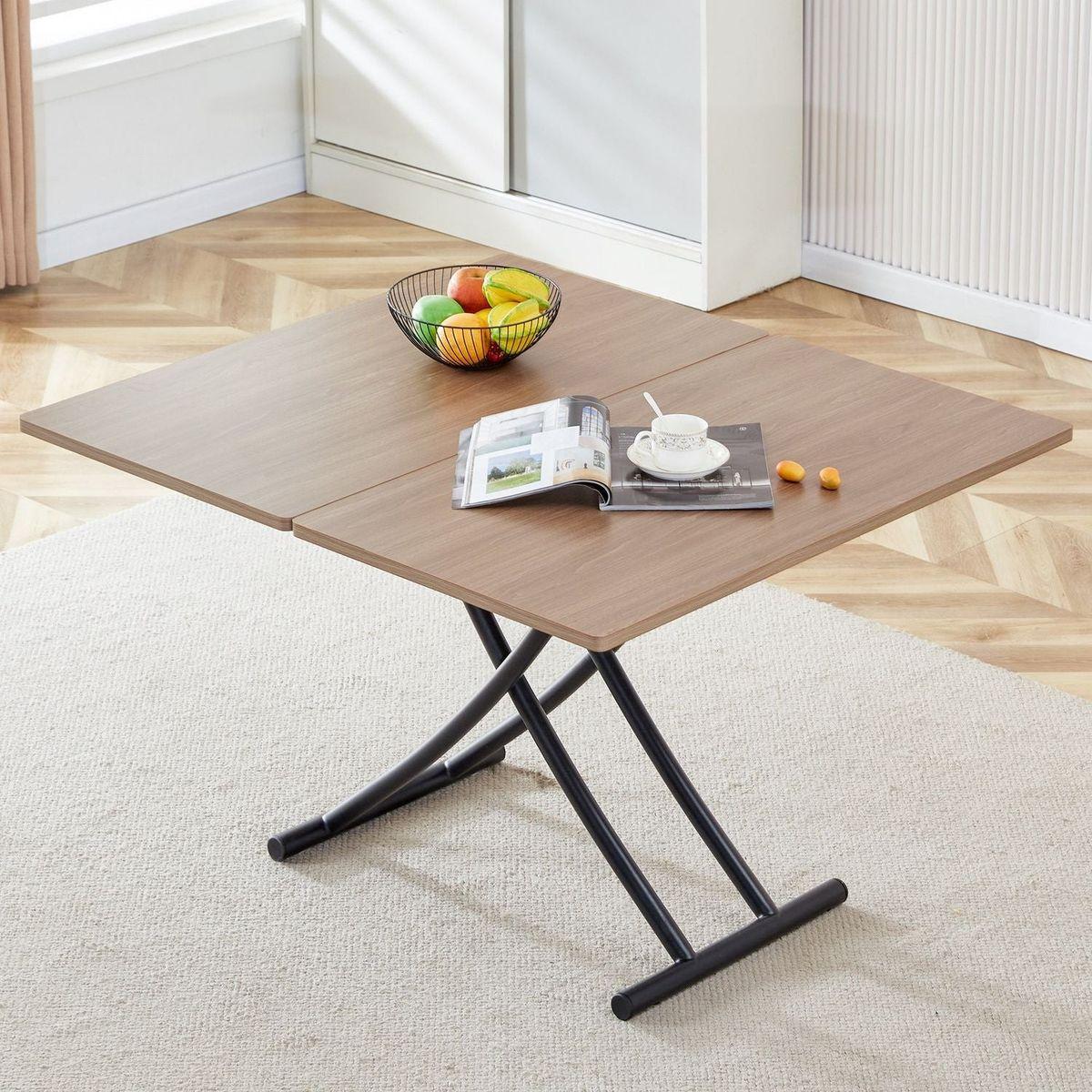 Modern minimalist multifunctional lifting table, with a 0.8-inch wood grain process sticker desktop and black metal legs, can be used as a dressing table, coffee table, dining table, and office table
