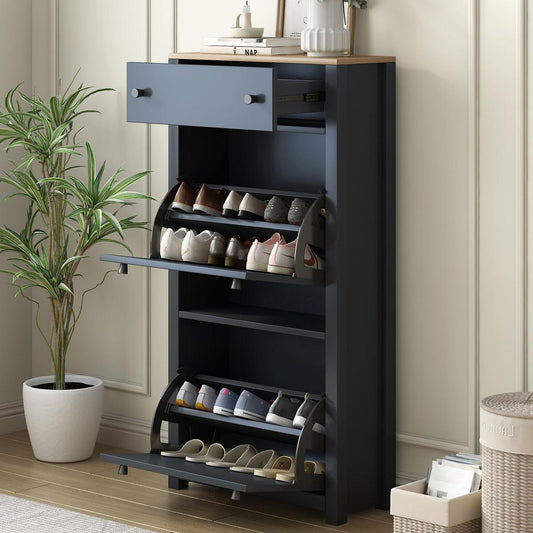 Functional Entryway Organizer with 2 Flip Drawers, Wood Grain Pattern Top Shoe Cabinet with Drawer, Free Standing Shoe Rack with Adjustable Panel for Hallway, Black