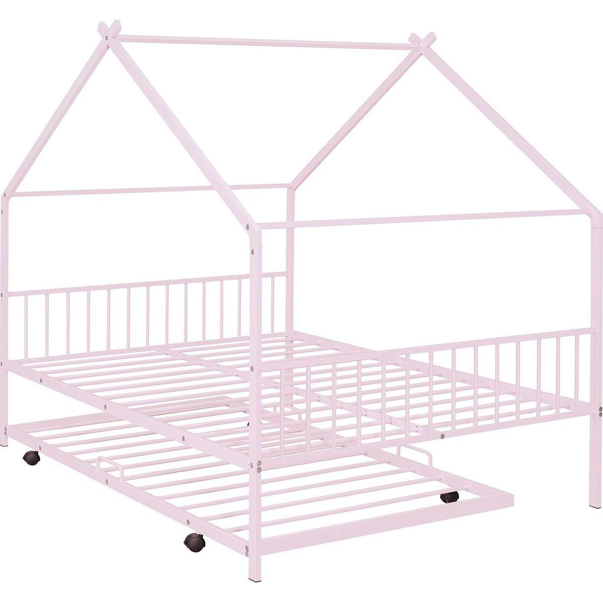 Full Size Metal House Bed with Twin Size Trundle, Pink
