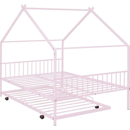 Full Size Metal House Bed with Twin Size Trundle, Pink